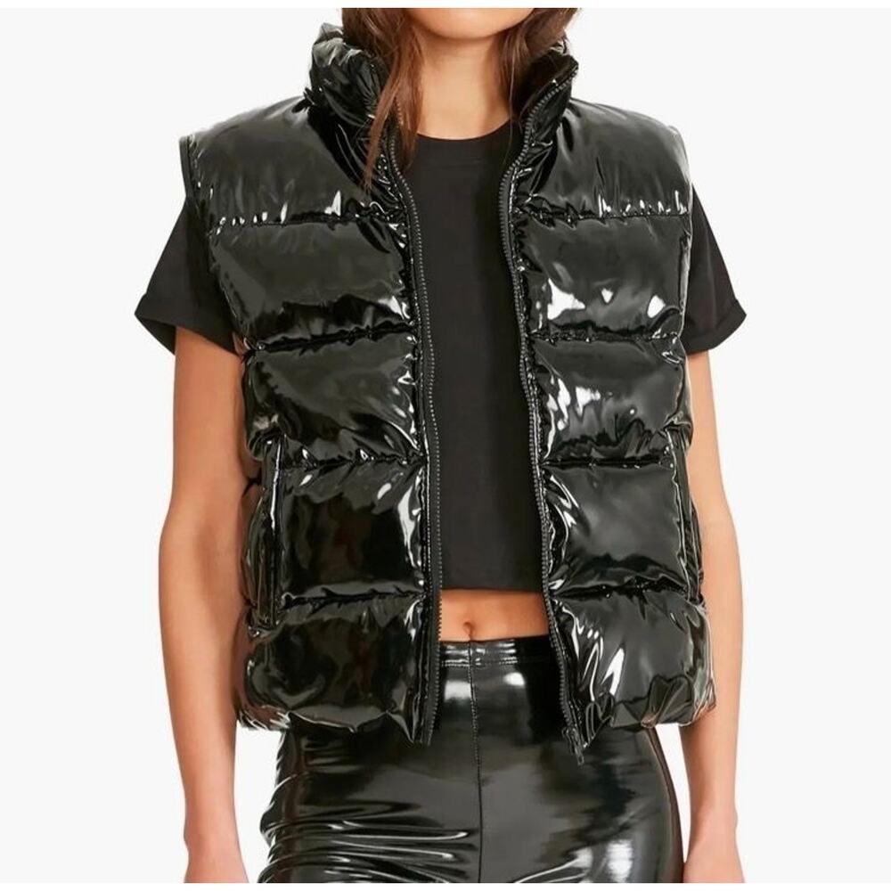 BB Dakota By Steve Madden Womens Shiny Black Puffer Vest Quilted High Gloss Sz M